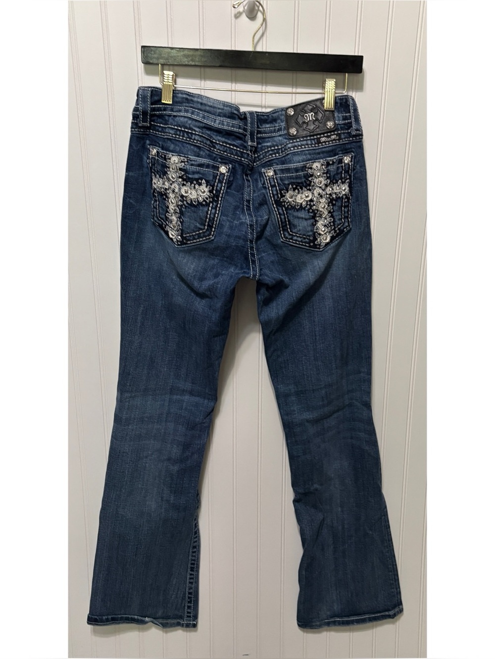 MISS ME Vintage Y2K Cross Bling Boot Cut Low Rise Blue Jeans Womens Size 31 x 34